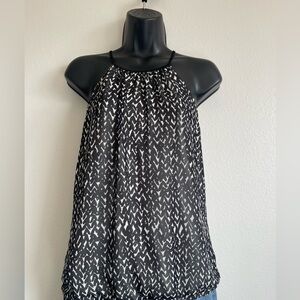 Express Sleeveless Halter Blouse White Abstract Print Keyhole Black Size Small